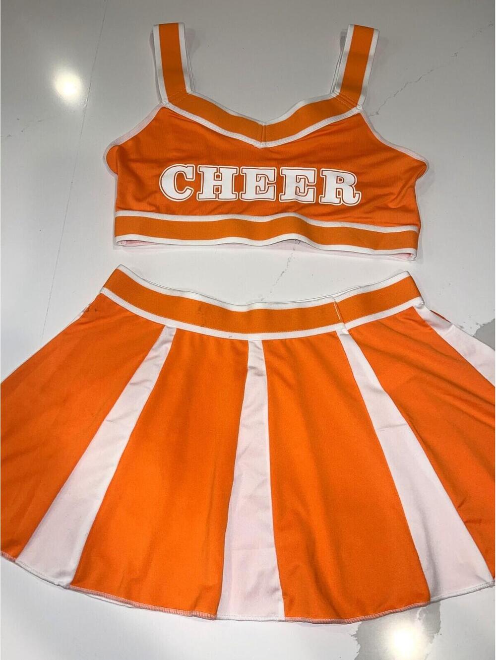 NEW CHEER HALLOWEEN CHEERLEADER UNIFORM COSTUME SEXY ORANGE WHITE LARGE